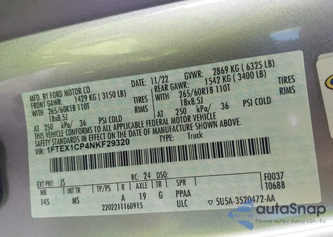 2022 Ford F150 Xlt z USA, uszkodzony, nr VIN 1FTEX1CP4NKF29320